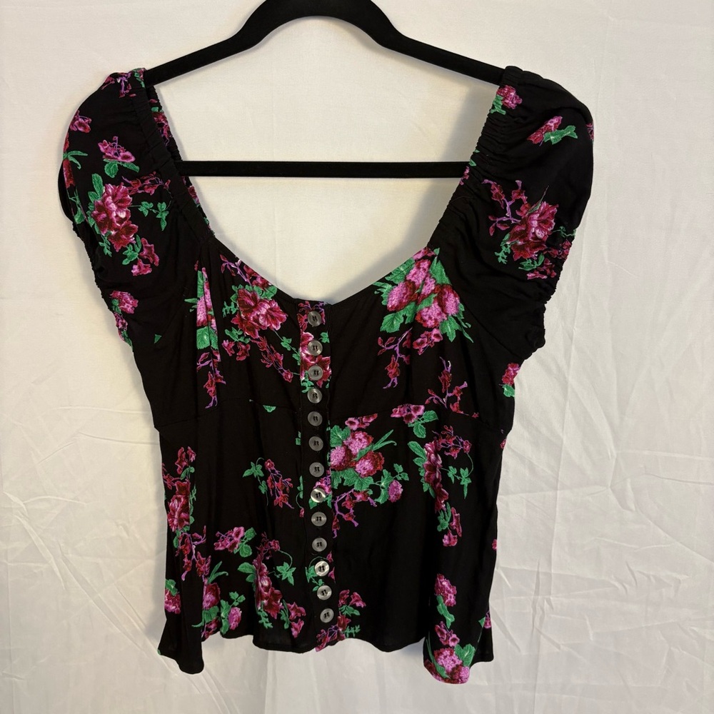 Free People Floral Black and Purple Button-Up Baby Doll Crop Top Sz S NWT